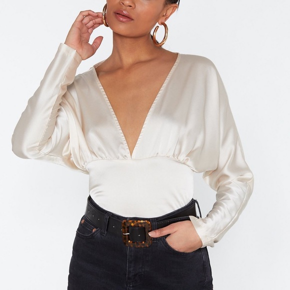 Tops - Cream Satin Plunge Top